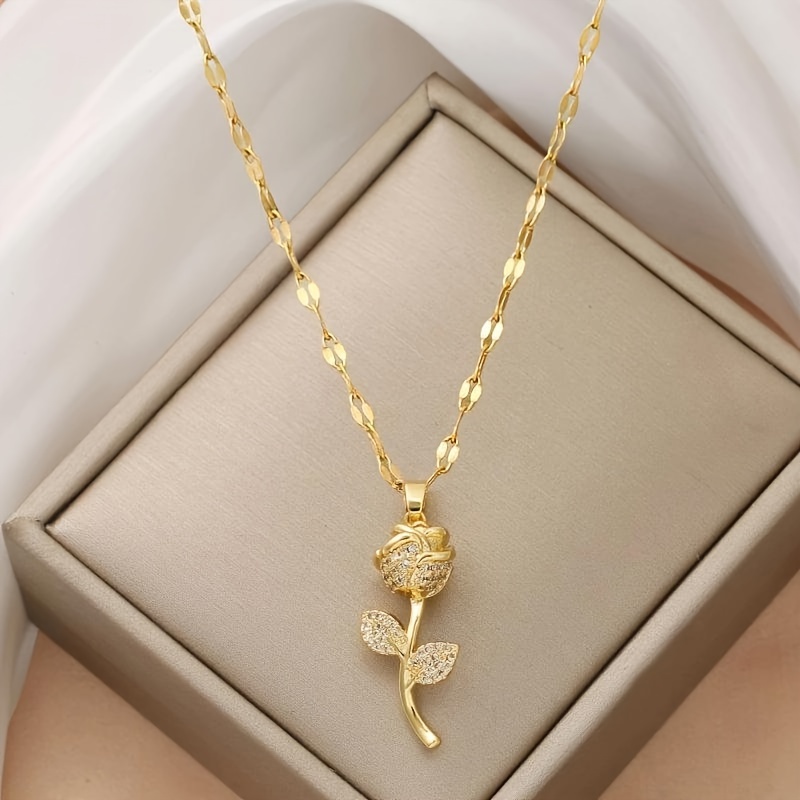 TEMU Fashionable Retro Elegant Romantic Shiny Rose Pendant Necklace, Elegant Necklace, Gift For Girls