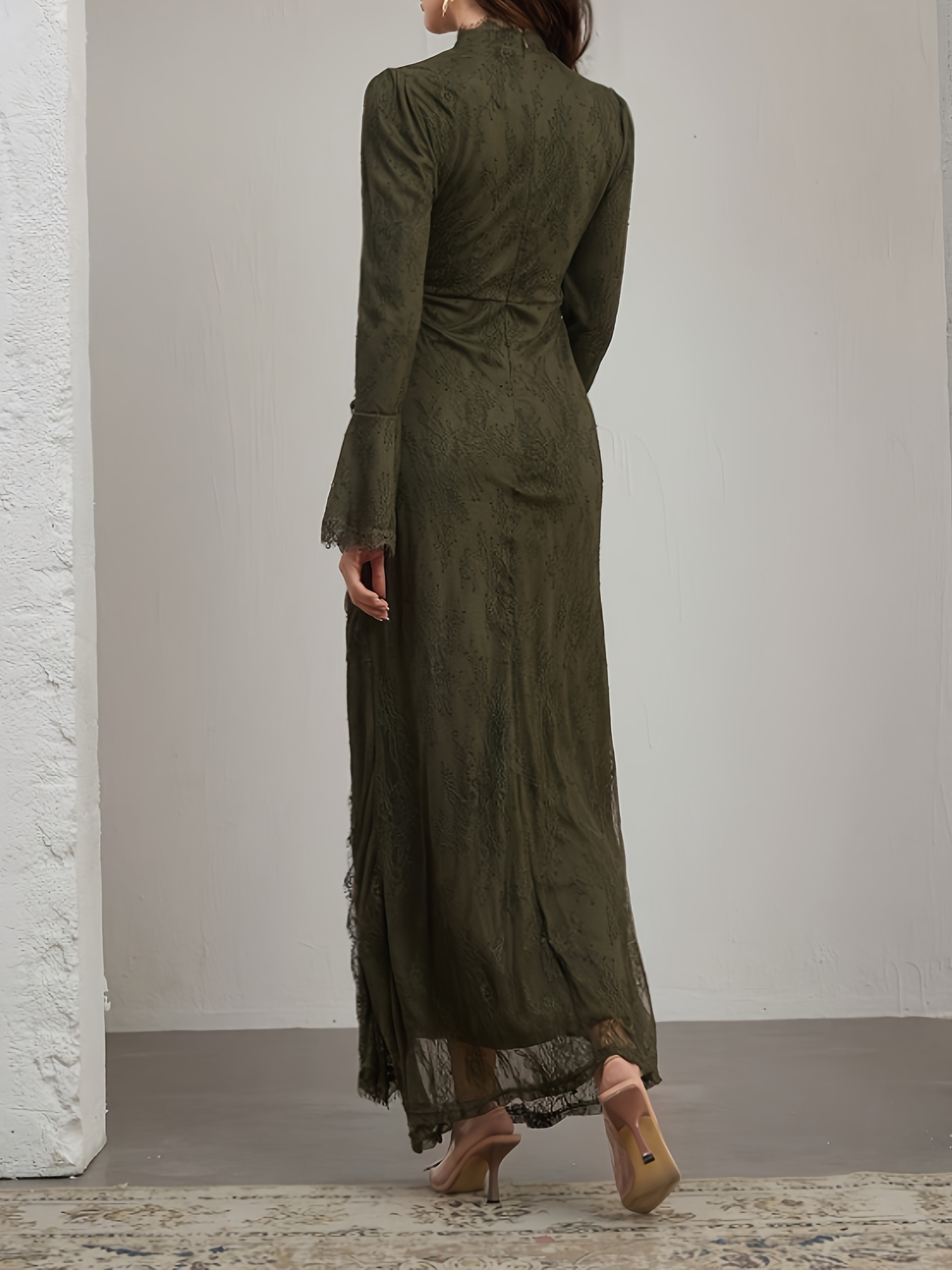 elegant long sleeve lace dress with ruffle neckline and belted waist stand collar long length suitable for     Product details 15