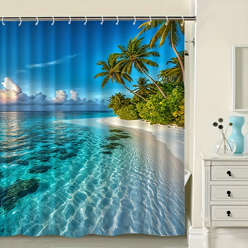 TEMU Jit1pcs Beach Coconut Ocean Pattern 2d Curtains, Bathroom Curtains Shower Curtains, Shower Curtains Home Decor Pattern, Compartment Bathroom