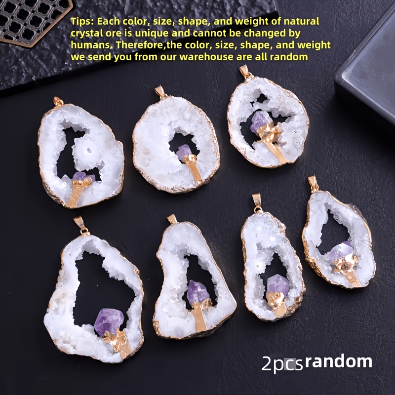 TEMU 2pcs Fashionable Elegant Gold-plated Edge Natural Natural Amethyst Pendant Necklace Chain Clothing Bag Additions Luxurious Party Decoration Gift