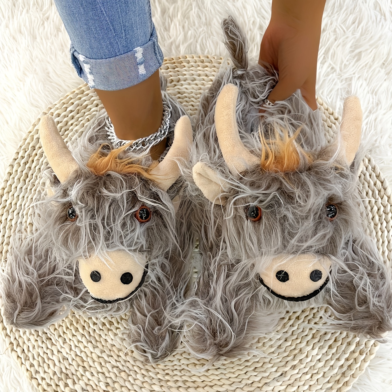 Fun Highland Scottish Yak Plush Indoor Cartoon Animal Indoor Home Slippers