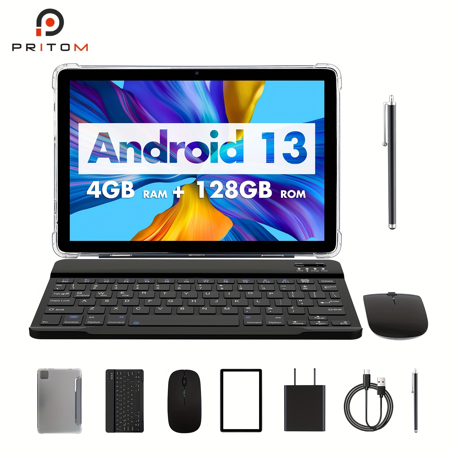  Tableta 2 en 1 con Android 12 OS de 10 pulgadas, tabletas con  teclado, ratón, funda, lápiz capacitivo, película templada, 64 GB ROM+4 GB  RAM, cámara dual de 8 MP, procesador