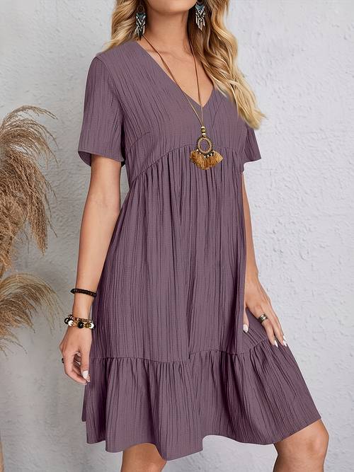 fashion loose casual v neck short sleeve cinched waist flowy ruffle dress