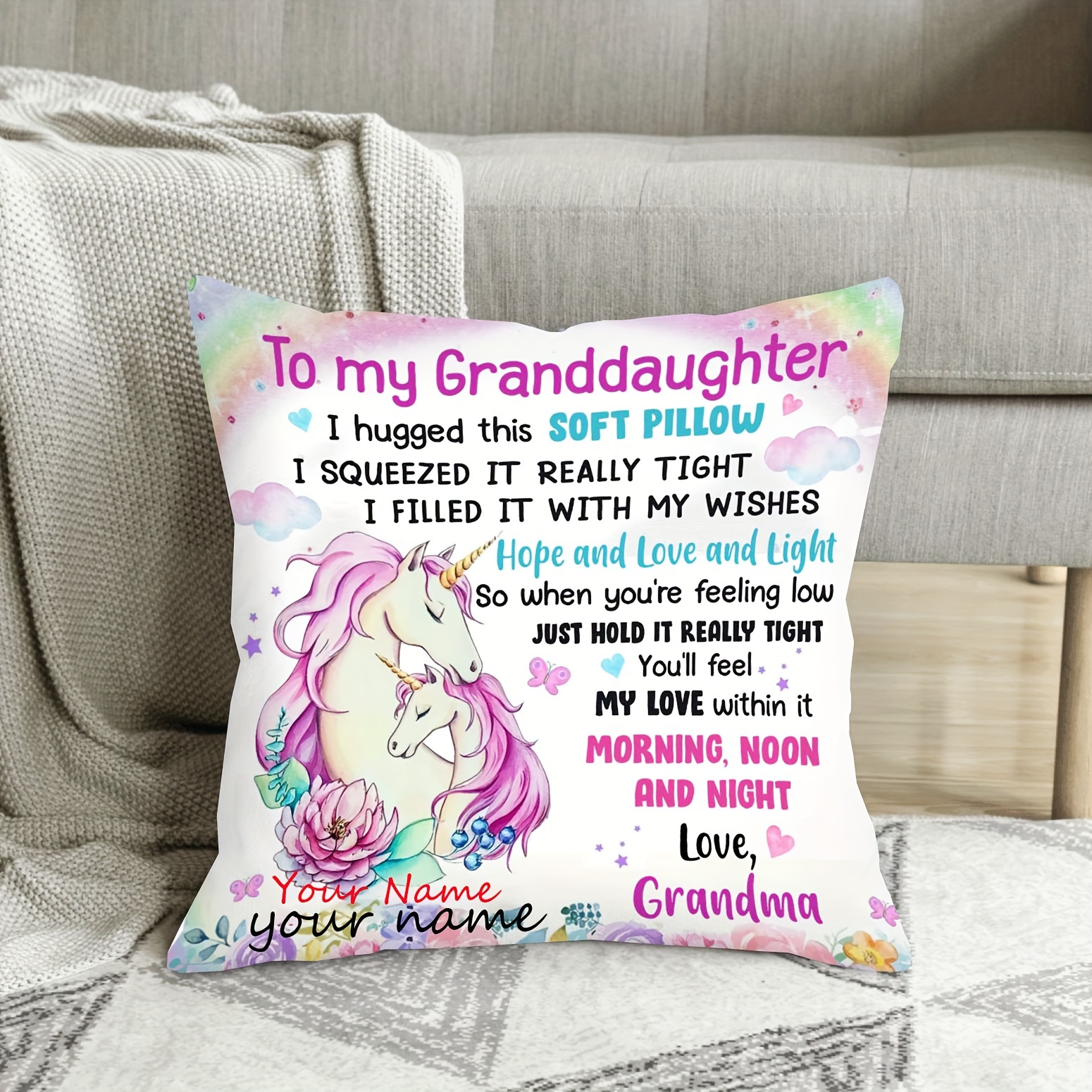 

Customizable Unicorn Throw Pillow Cover, Short Plush, Personalized For Daughter Or Granddaughter, Machine Washable, Zip Closure, Decorative Cushion For Sofa, Living Room, One-side Print, 18x18