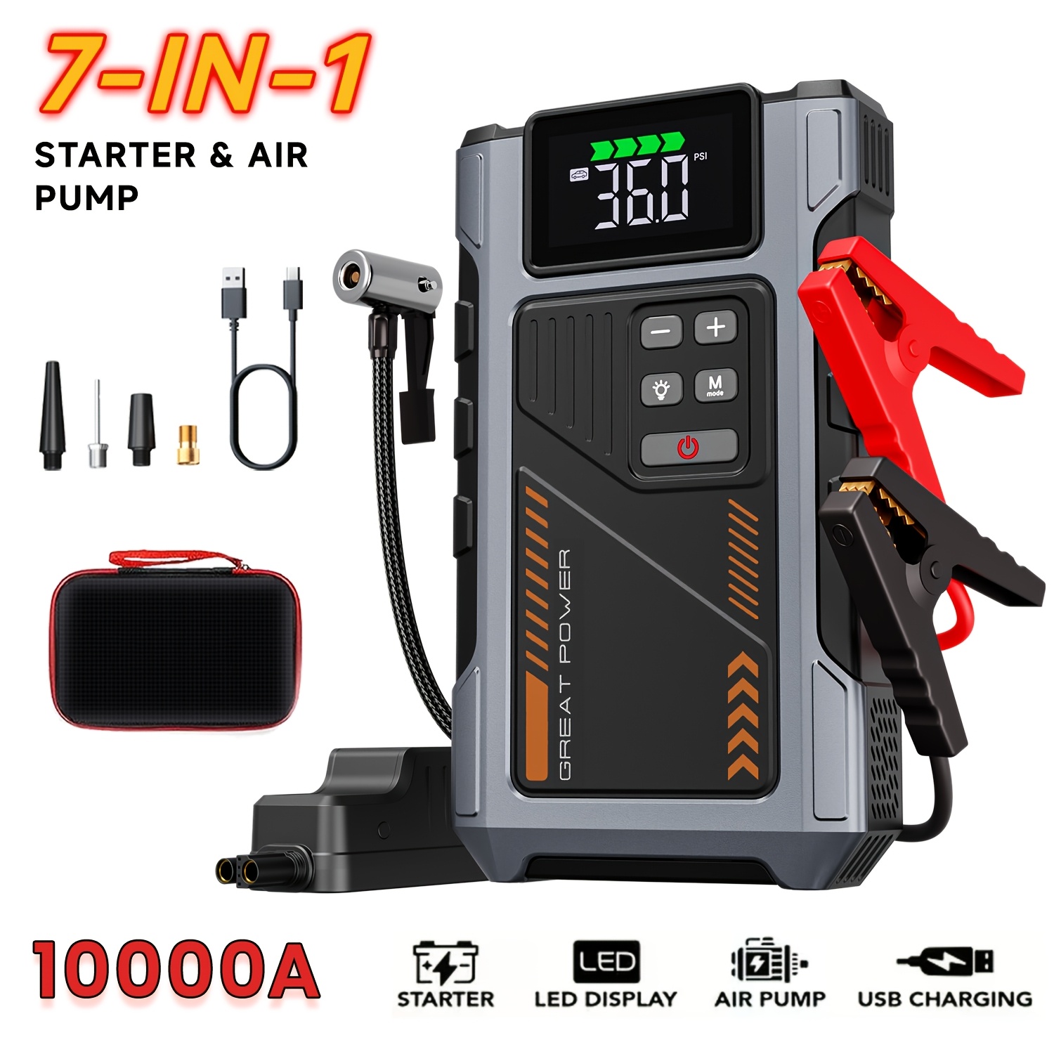 TEMU 10000a 7-in-1 Multifunctional Emergency Jump Starter With 150psi Air Pump, Digital Tire Inflator, Portable Car Battery Charger, Up To 9.0l