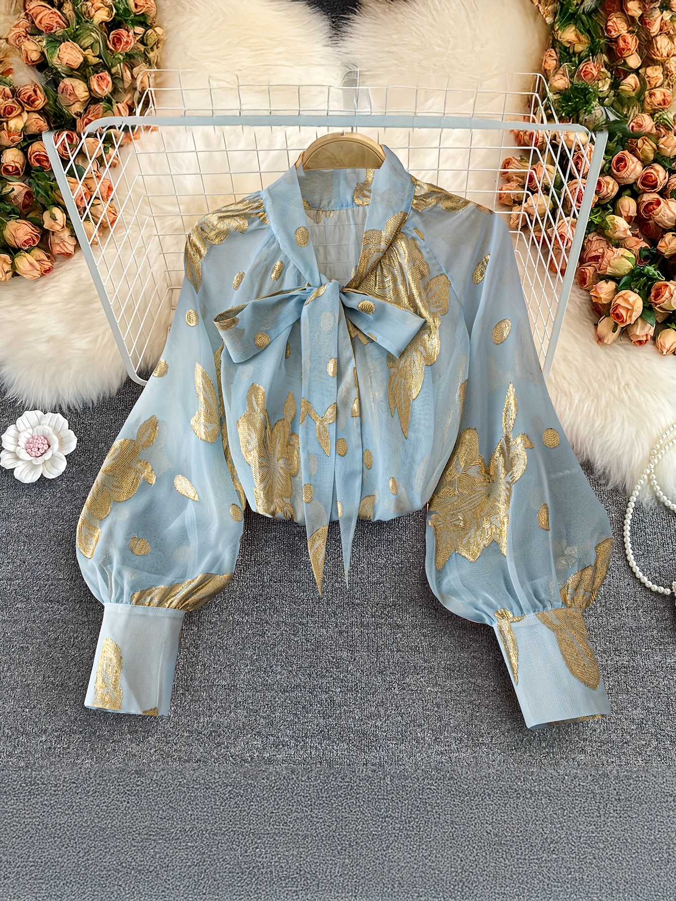 blusa elegante larga cuello bordado floral mujer Temu Dominican