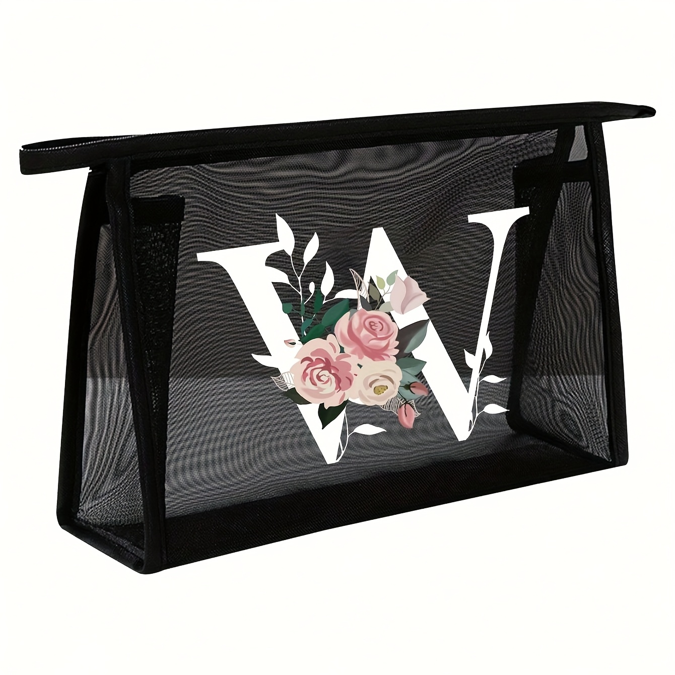 TEMU 1/2pcs Black Mesh Toiletry Bag, Large Capacity With Pink Flowers And White Letters A-z, Transparent Mesh Cosmetic Storage Bag, Multifunctional