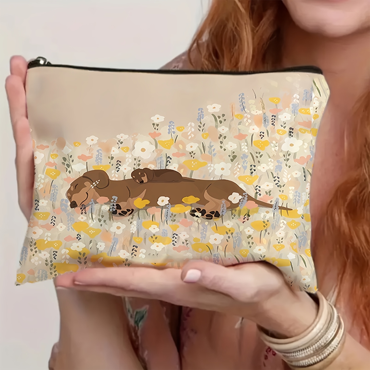 Makeup Pouch Featuring A Garden Theme And A Sleeping Sausage Dog, Made From Durable Materials With A Non-fading Zipper. This Lightweight And Foldable Travel Storage Solution Is Double-sided And Space