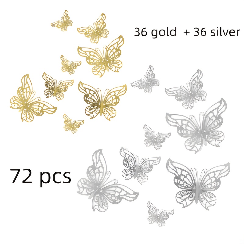 TEMU 72pcs Stickers Muraux Papillons 3D . Disponibles en Doré et Argenté. Idéal pour Salon, Chambre, Décoration de Mariage et Autres Décorations