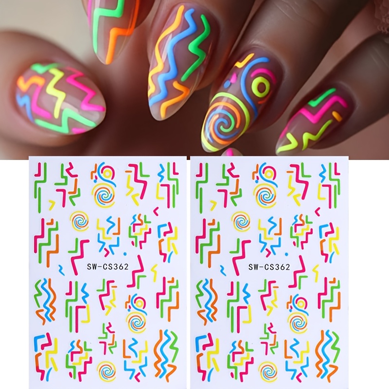 2 Sheets Y2k Style Nail Art Stickers, Colorful Irregular Line Graffiti Pattern Nail Decals, Diy Manicure Decorations, Nail Supplies