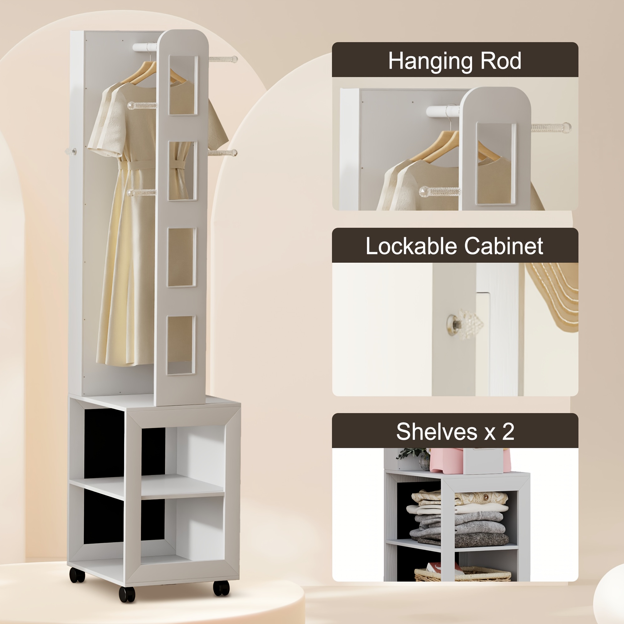 360 rotating led jewelry   full length   large capacity floor standing 3 color dimmable jewelry organizer   with 4 rollers rear storage shelves details 6