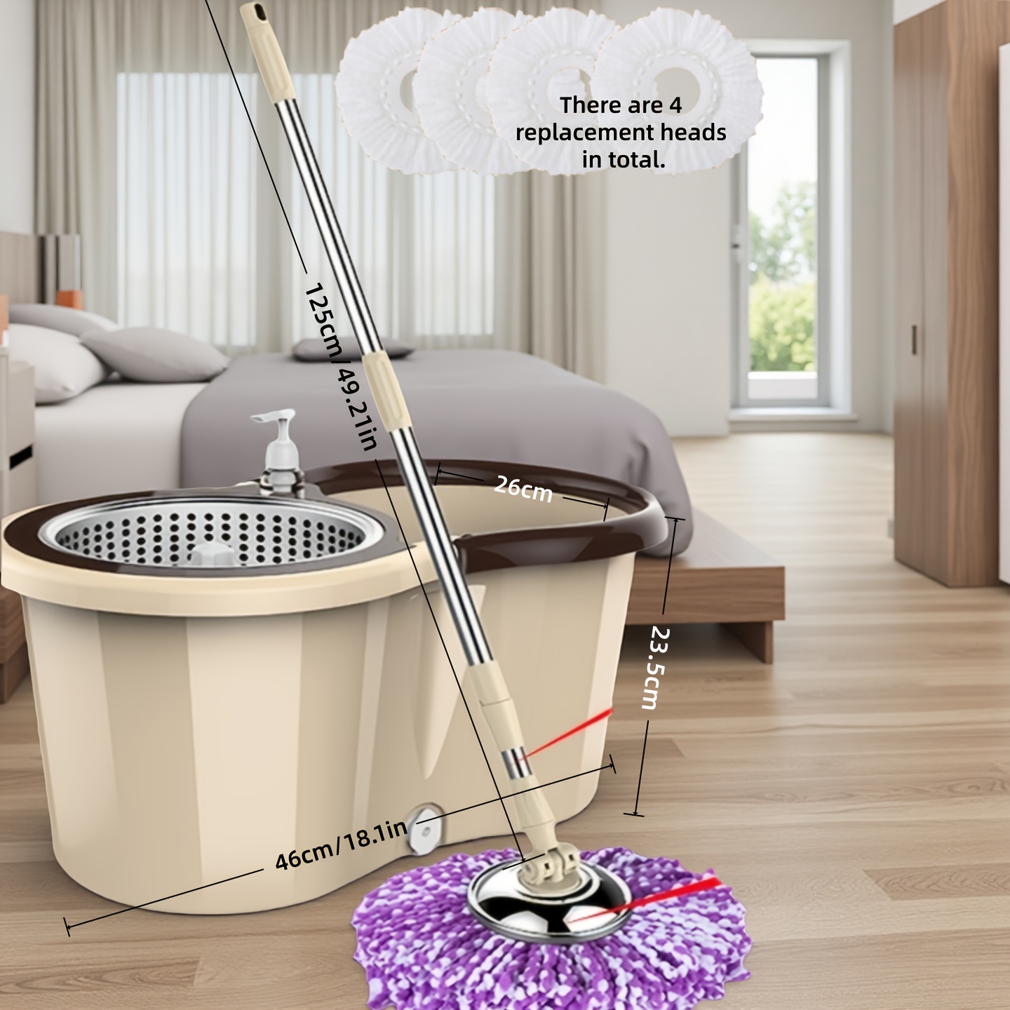 TEMU Rotary Mop And Bucket Set, Mop Bucket For Bathroom, School Bathroom, 360° Rotary Mop , With 4 Replacement Microfiber Mop Heads And A 47-inch