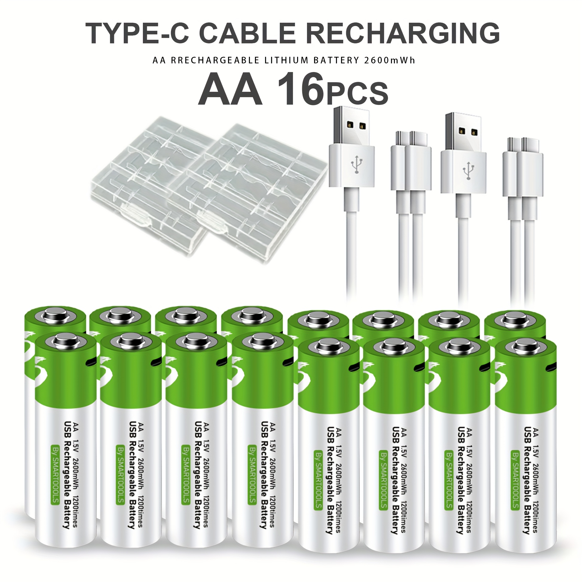 TEMU 16pcs Smartoools Aa Rechargeable Lithium Batteries With Type-c Fast Charging & Usb-c Cable & Storage Box - High Capacity 1733mah 2600mwh, 1200+