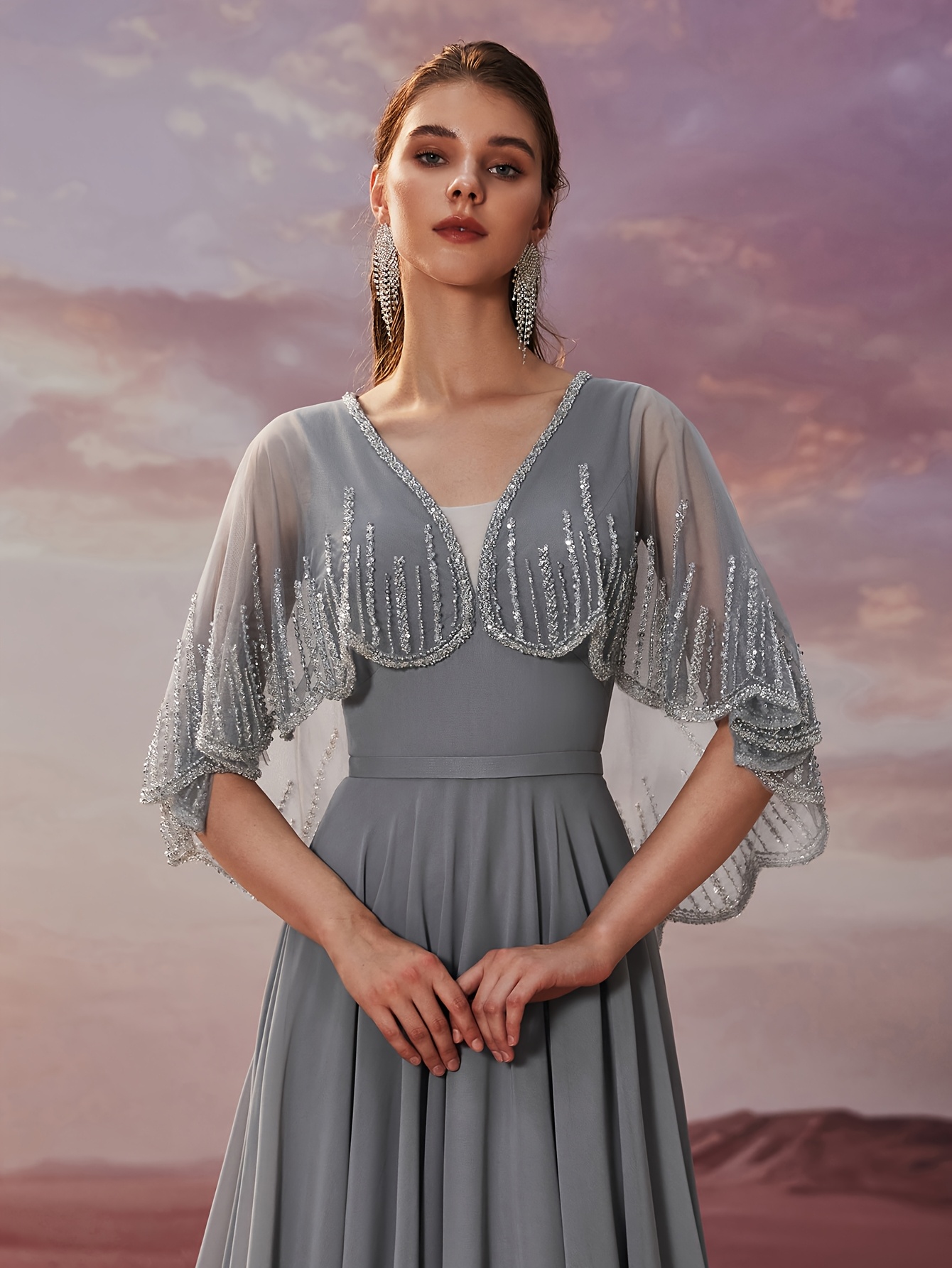 elegant grey bead embroidered petal cape sleeve chiffon gown - Temu Oman