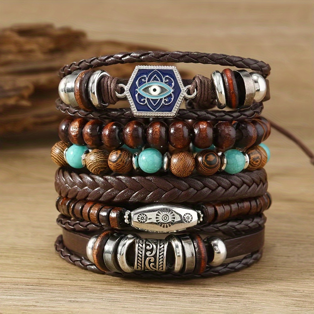 

Vintage-inspired 6-piece Set Of Pu Leather Wristbands With Turquoise, Eye Bead, And - Handcrafted Multi-layer Friendship Gift Bands