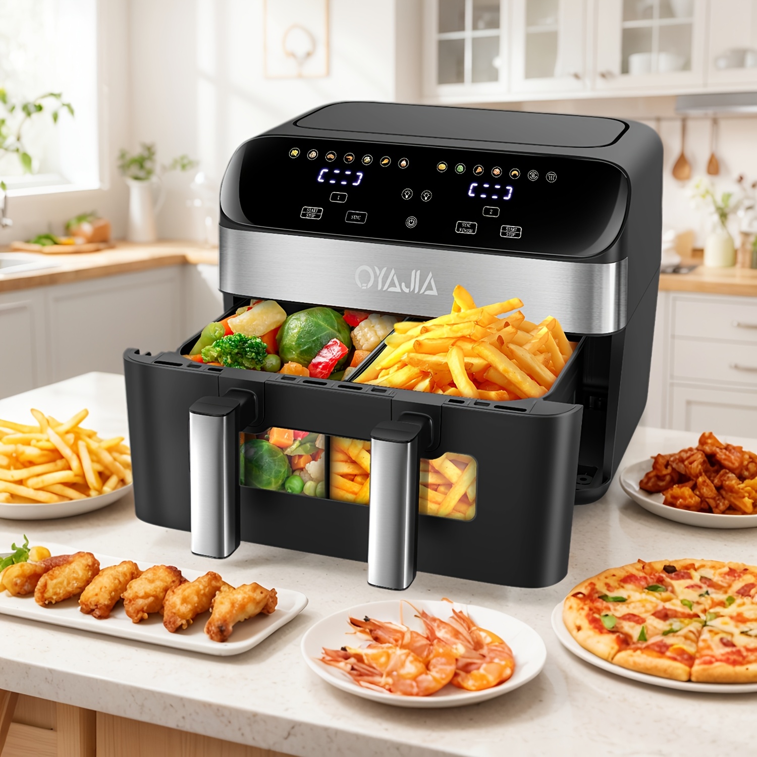 TEMU Friteuse à air double panier 10L avec fenêtres d'affichage facile, synchronisée, Hi-Fry, arrêt automatique, 2 paniers de friture indépendants de