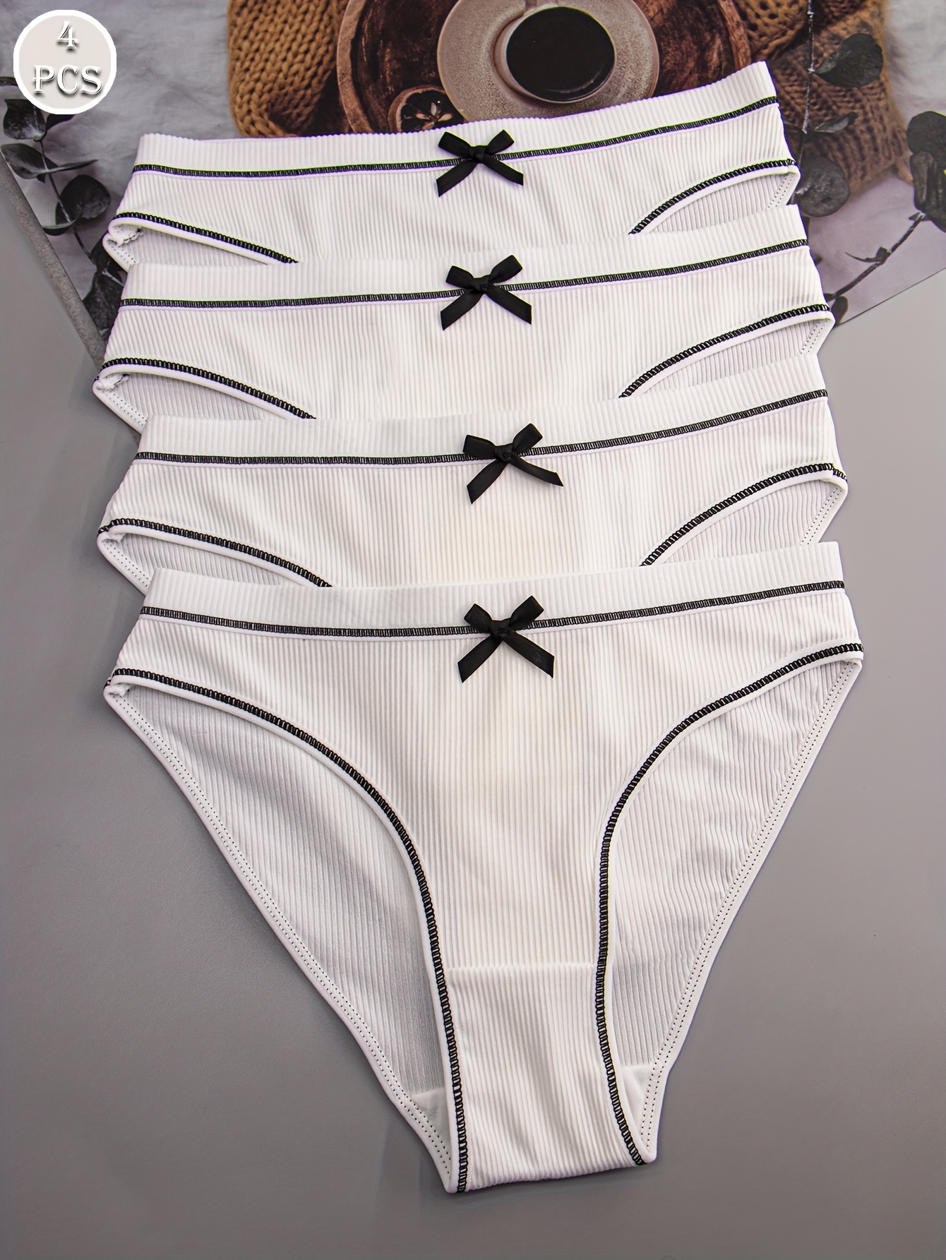 4pcs Women's Mid-Rise Briefs with Chic Bow Detail - Breathable & Comfortable Ribbed Texture in Assorted Colors, Stretchy Polyester Blend, Non-See-Through - Perfect for Casual Attire