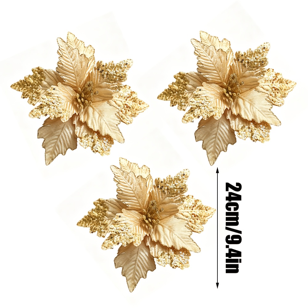 TEMU 3pcs Golden Artificial Christmas Flowers, Christmas Tree And Vine Decor, Christmas Wreath, Holiday Decoration Props