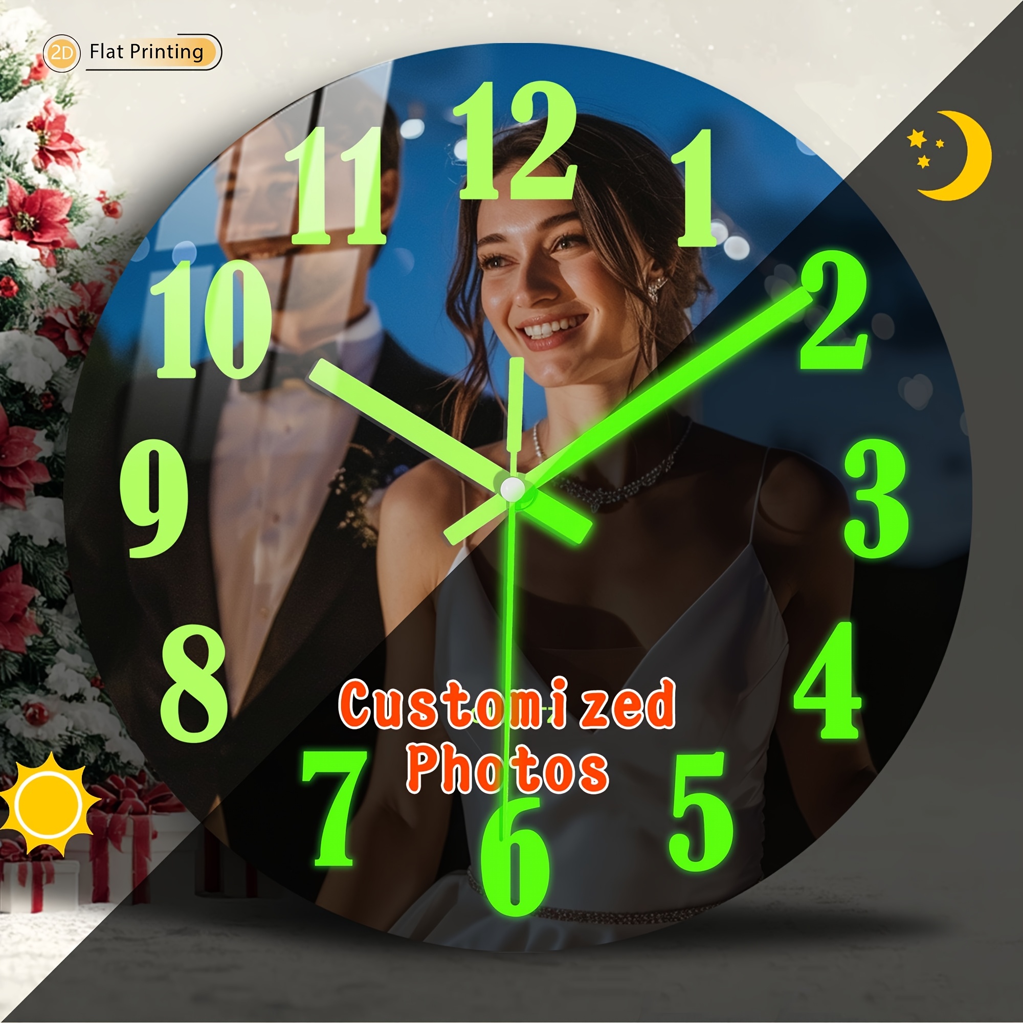 E-shop 1 Stück Weihnachts-Liebesthema Rundwanduhr, Personalisierte Hochzeitsbraut-Fotouhr, Individuelle Brautporträt-Wanduhr – Ideal für Wohnzimmer,