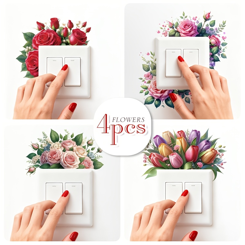 4 Vibrant Roses And Elegant Tulip Switch Socket Wall Stickers - Self-adhesive Floral Pattern, Easy To Apply, Suitable For Bathroom And Home Decoration, Valentine's Day Atmosphere