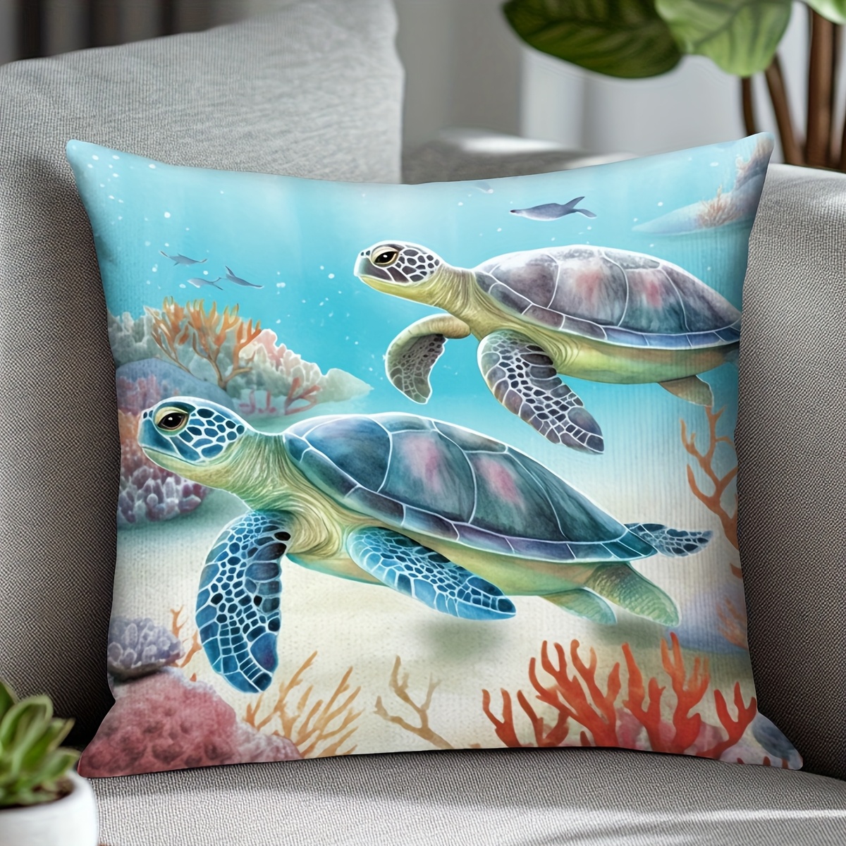 Housse De Coussin 50x70 Cm Motif Tortues De Mer - Lot De 2, Tissu Lin Imperméable, Fermeture éclair Cachée