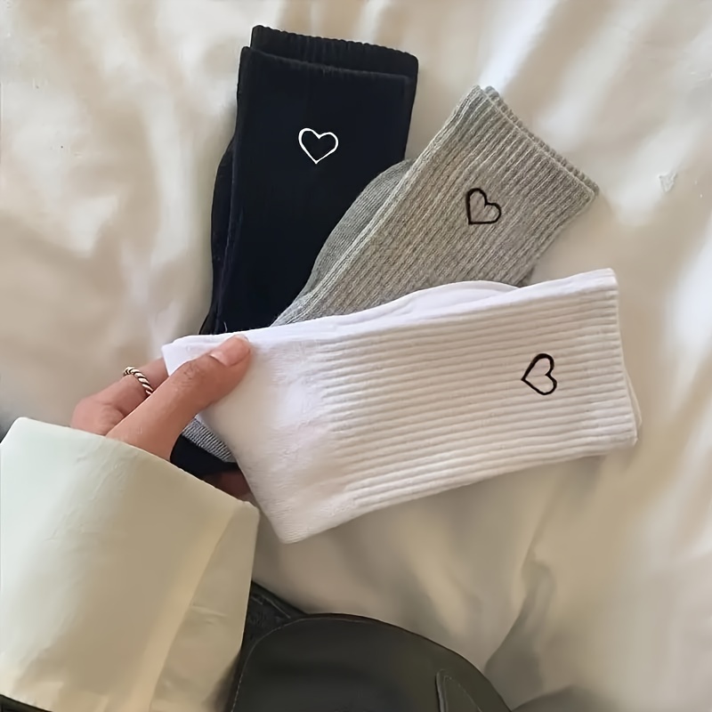 

3/6 Pairs Heart Print Socks, Simple & Breathable Unisex Mid Tube Socks, Women's Stockings & Hosiery