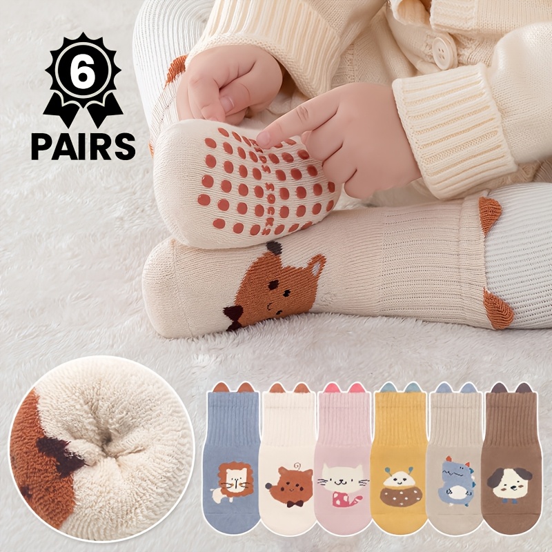 Image of 6 Pairs Warm Thick Cute Cartoon Pattern Dot Glue Anti-slip Socks Baby Walking Socks, Suitable For Boys And Girls Autumn Winter Wear
