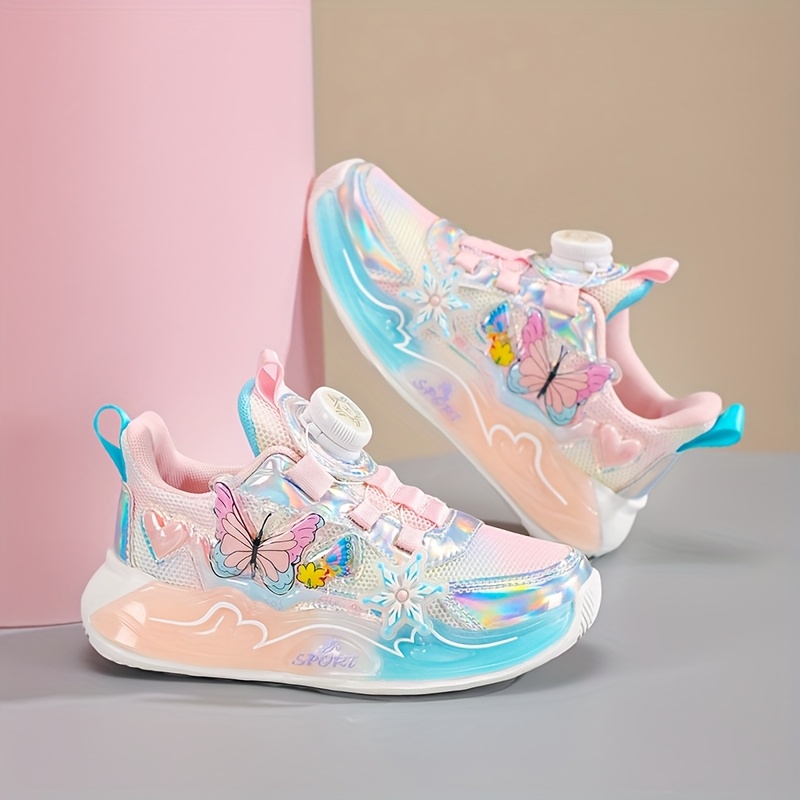 Girls' Fashion Pink Cartoon Butterfly Casual Sports Shoes | Cute Style with Rotary Buckle, Low Top Design, Upper, TPR Sole