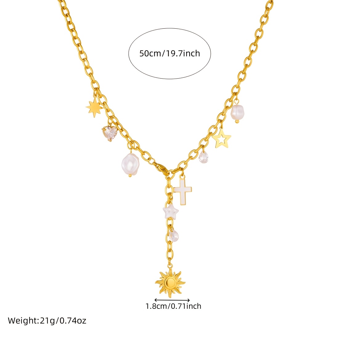 Women's 18K Gold Plated Multi-Charm Necklace with Cross & Sunburst