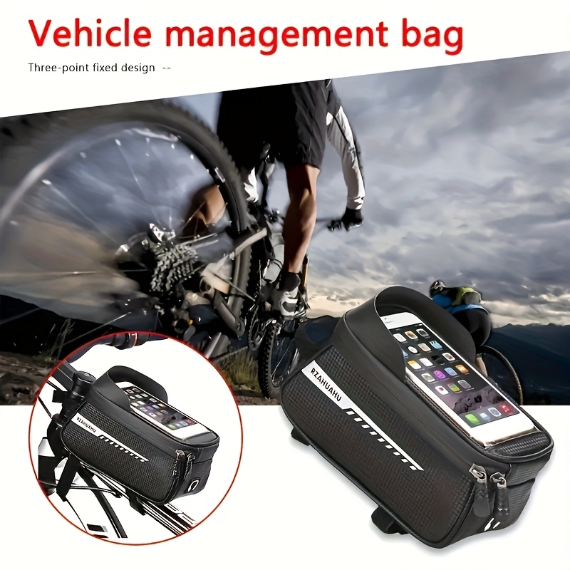 tpteecr sac à de vélo durable avec support de téléphone, pochette de rangement réfléchissante pour la conduite - sac de à lusure + sangle dépaule ajustable / couverture de pluie, noir adapté pour le vtt, convient pour les téléphones jusquà 7 pouces, parfait pour de noël / halloween / thanksgiving / fête des pères / saint-valentin Détails du produit 2