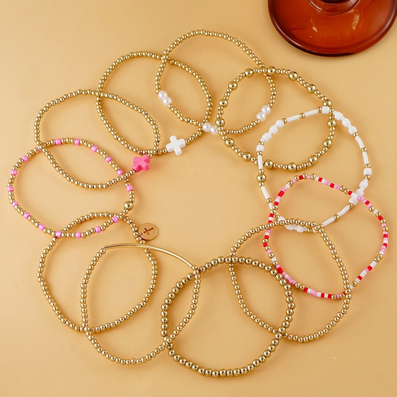 11pcs CCB Beaded Cross Pendant Stretch Bracelet Set for Women