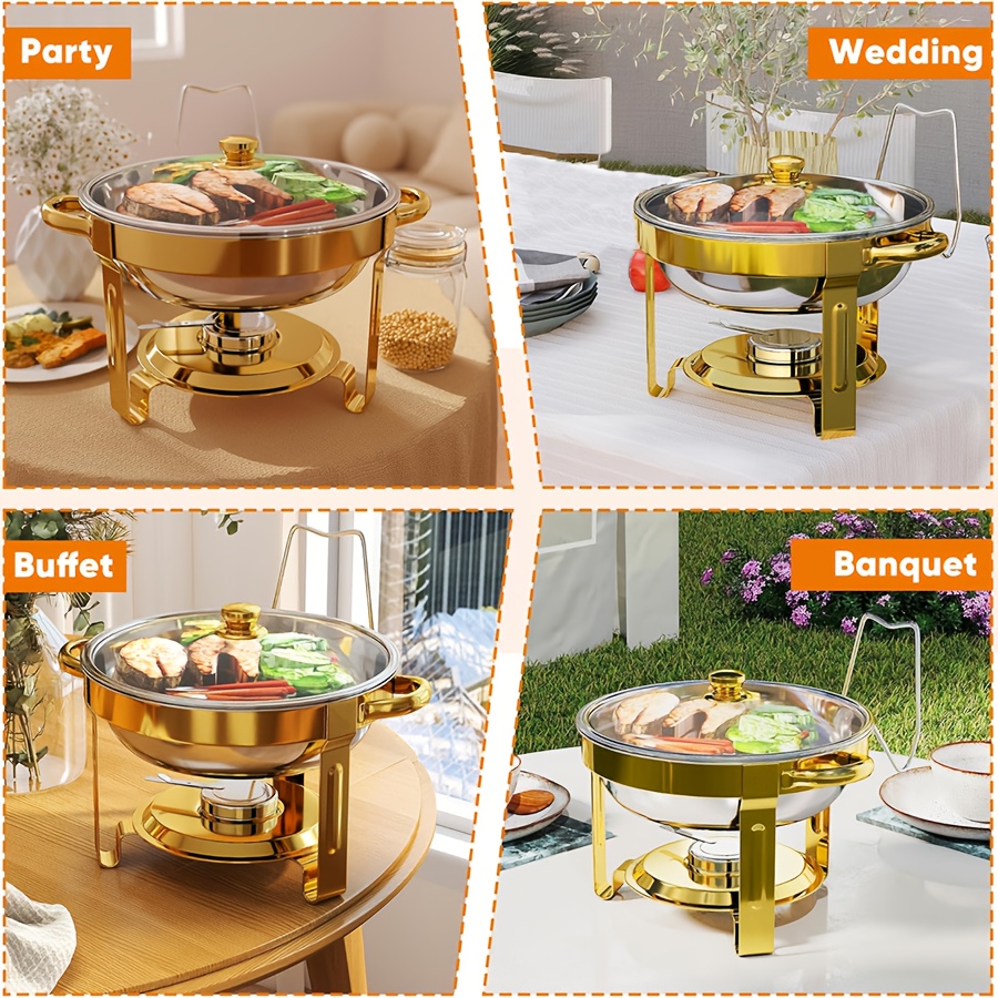 buffet hot pot with glass lid 5qt stainless steel gold round self service hot pot complete with a stainless steel gold stand and buffet heater set   with glass lids   cooking food warmer chafing dish Product details 5