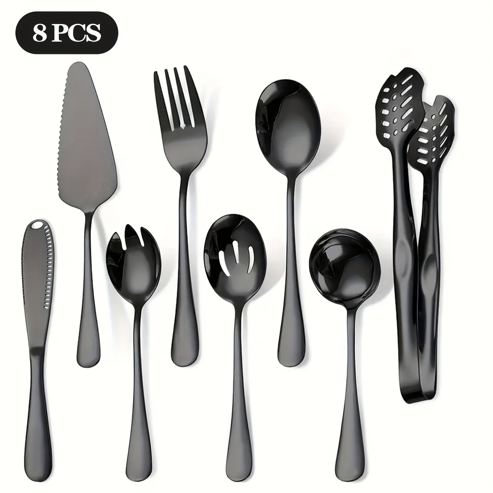 TEMU Black Serving Utensils, 8pcs Polished Stainless Steel Flatware Silverware Set Serving Spoon, Slotted Spoon, Cake Server, Soup Ladle, Fork, Salad