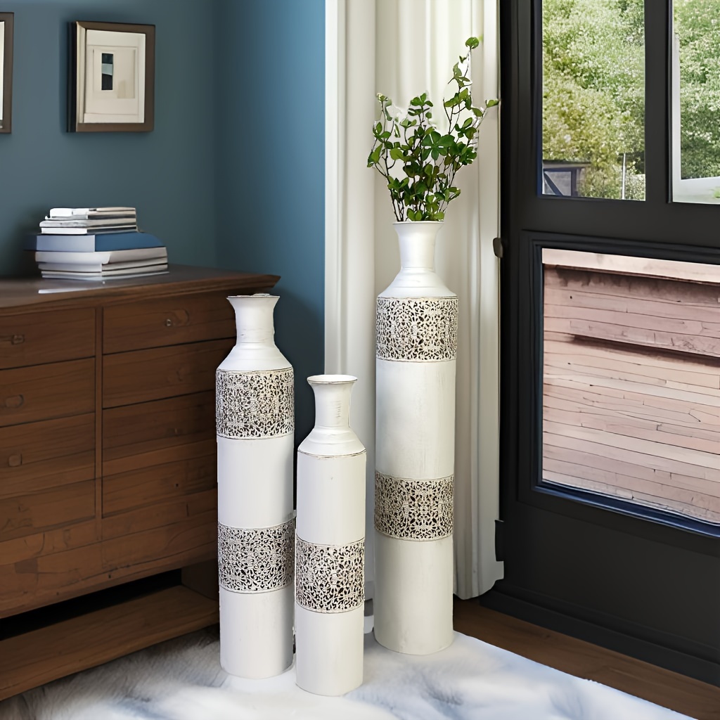 Image of Floor Vase Tall White Vases - Extra Large Metal Flower Vase Set Of 3 Big Vases For Home Decor Living Room Decorative Vintage For Pampas Grass Feathers Twigs Branches Dried Flowers