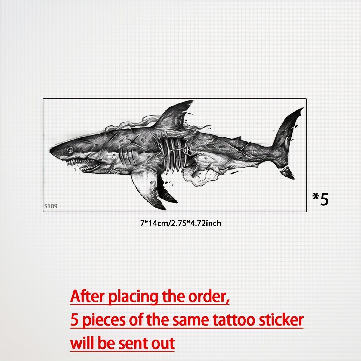 Image of A Set Of 5 Dark Zombie Shark Cosplay Full-arm Fake Tattoos, Waterproof, Long-lasting, And Realistic. To Or Thighs And Lasts 1-5 Days. Trendy Tattoo Stickers For Men And Women