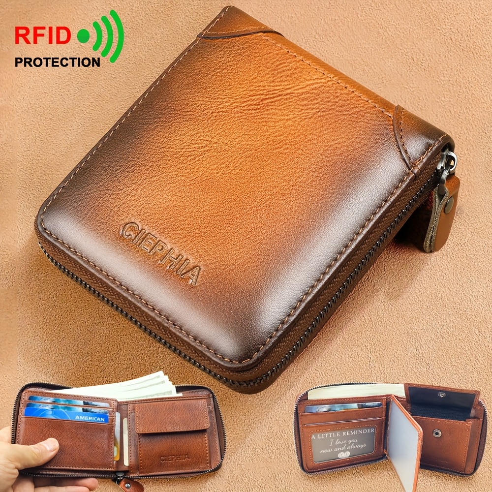 

Men Genuine Leather Zipper Wallet Rfid Blocking Large Capacity Double Fold Multi-card Top Layer Leather Wallets For Men And Coin Purse