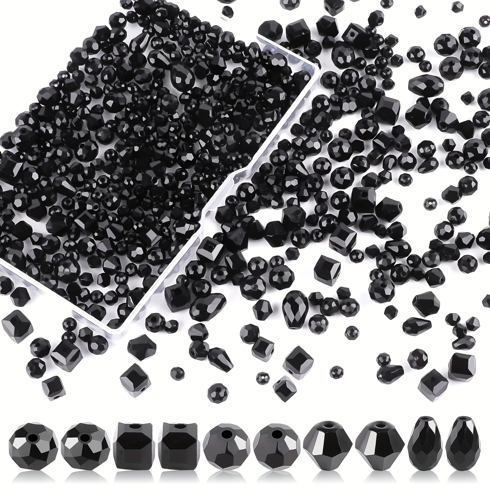 

330-piece Black Glass Bead Set - Assorted Shapes With Faceted Round, Square & Teardrop Crystals For Diy Jewelry Making - Ideal For Necklaces, Bracelets & Earrings Craft Kit