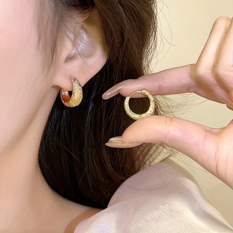 Frosted Hoop Earrings Golden Tone Alloy Sparkling Texture