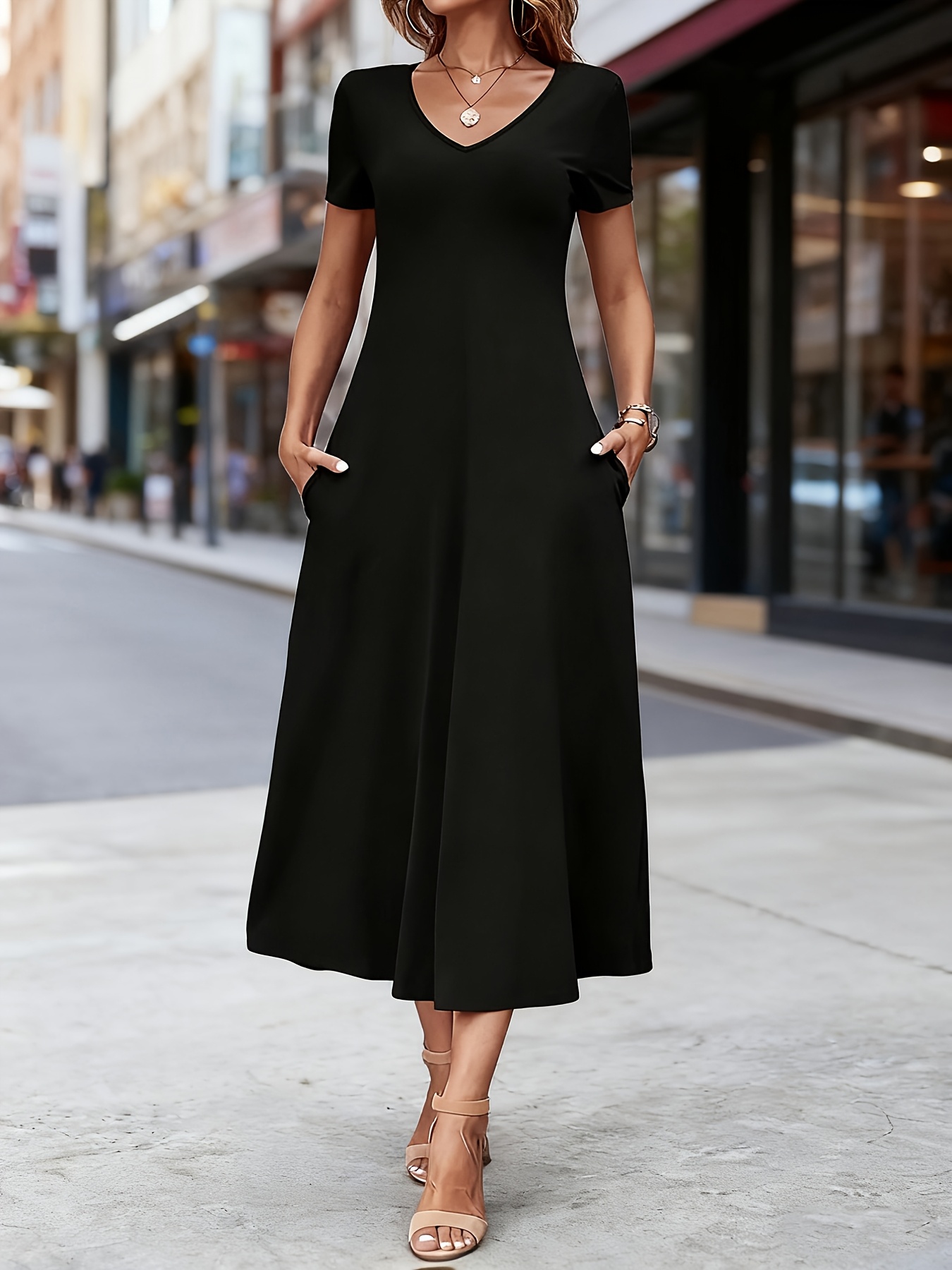 Directional Casual Elegant Fashionable * Women'S *-Length Dress, Round Neck  Short Sleeve A-Line Silhouette Spring Summer Autumn
