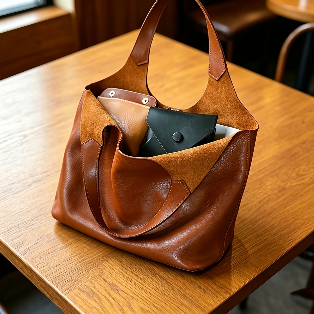 TEMU Personalized Soft Leather Tote Bag Large Capacity Brown Tablet Briefcase Unisex Shoulder Bag