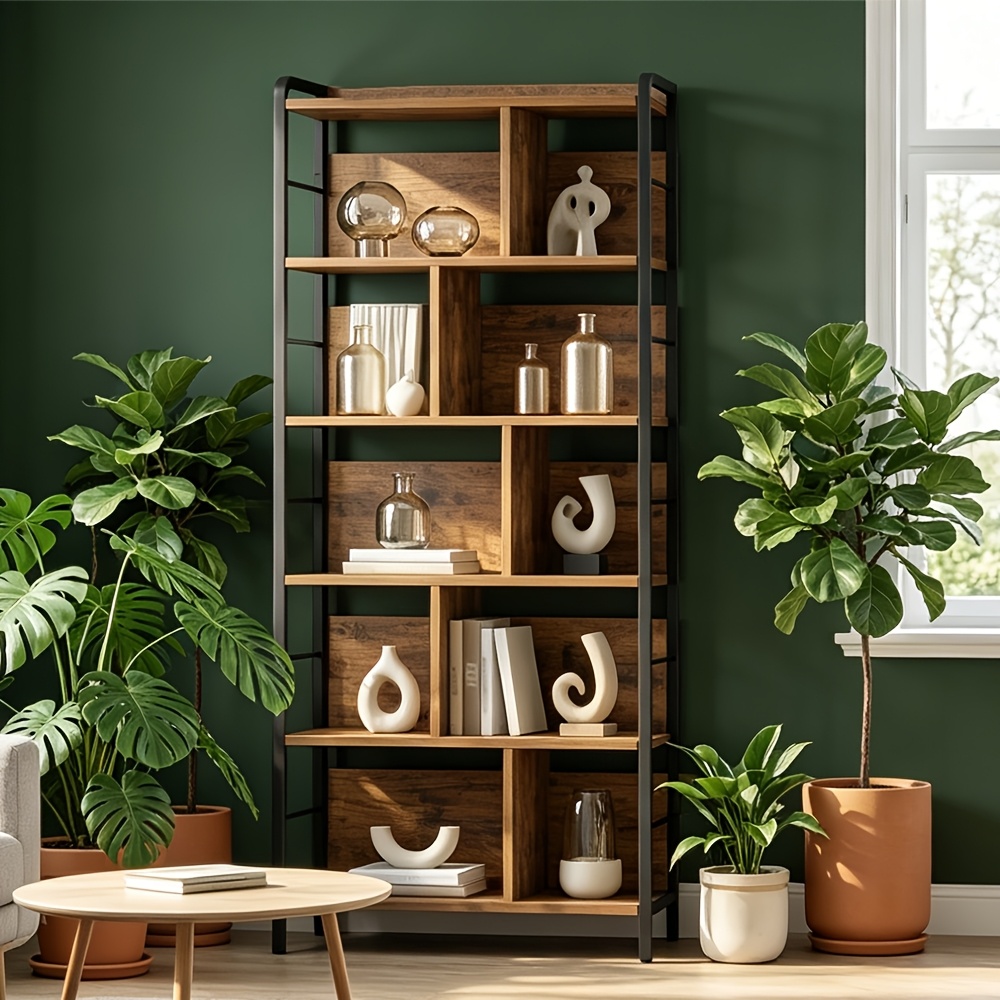Image of Six-tier Bookcase, Open Bookshelf, Irregular Storage Units, With Panel, Rounded Corners, Anti-tip Design, Storage Unit For The Living Room, Study Or Office, Vintage Industrial Style