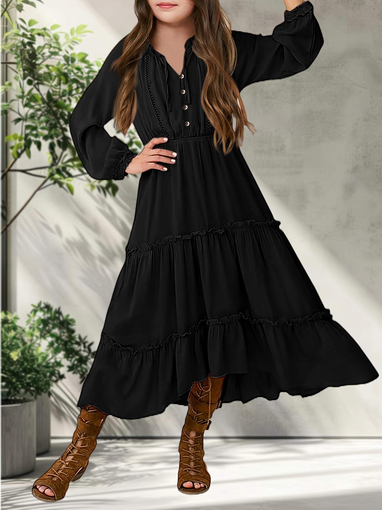 girls long sleeve ruffle dress tiered v neck maxi raglan - Temu