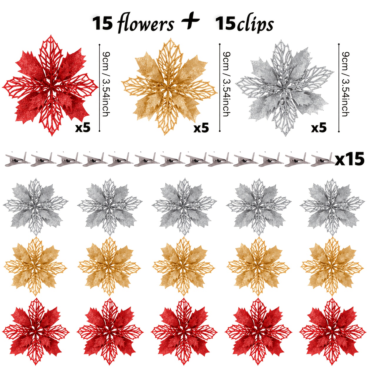 TEMU 15pcs Set = (5pcs And 5pcs Red Flowers And 5pcs Silvery Flowers And 15pcs Clips) Premium Artificial Christmas Tree Branches - Realistic Plastic