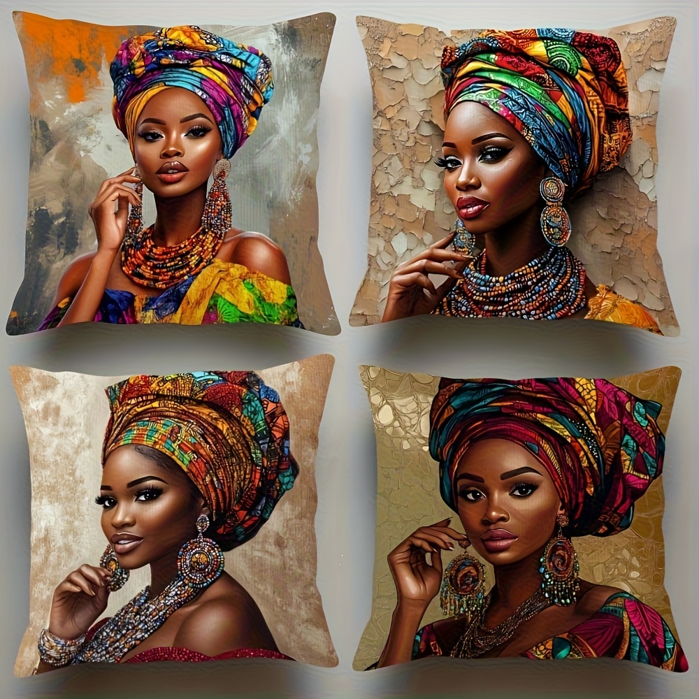TEMU 4pcs Vintage African American Women Polyester Pillowcase Set, Double-sided Print, Zipper Closure, Decorative Cushion Covers For Living Room,