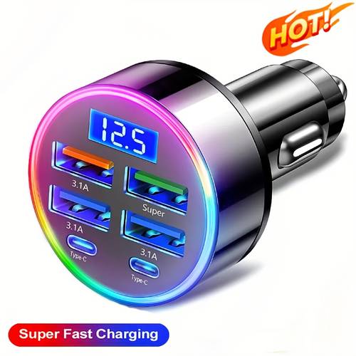 usb car charger 6 port usb fast car charger led voltage display portable flash charging charger car accessories multiple devices protection compatible with iphone 16 15 14 13 pro samsung s23 s22 s10