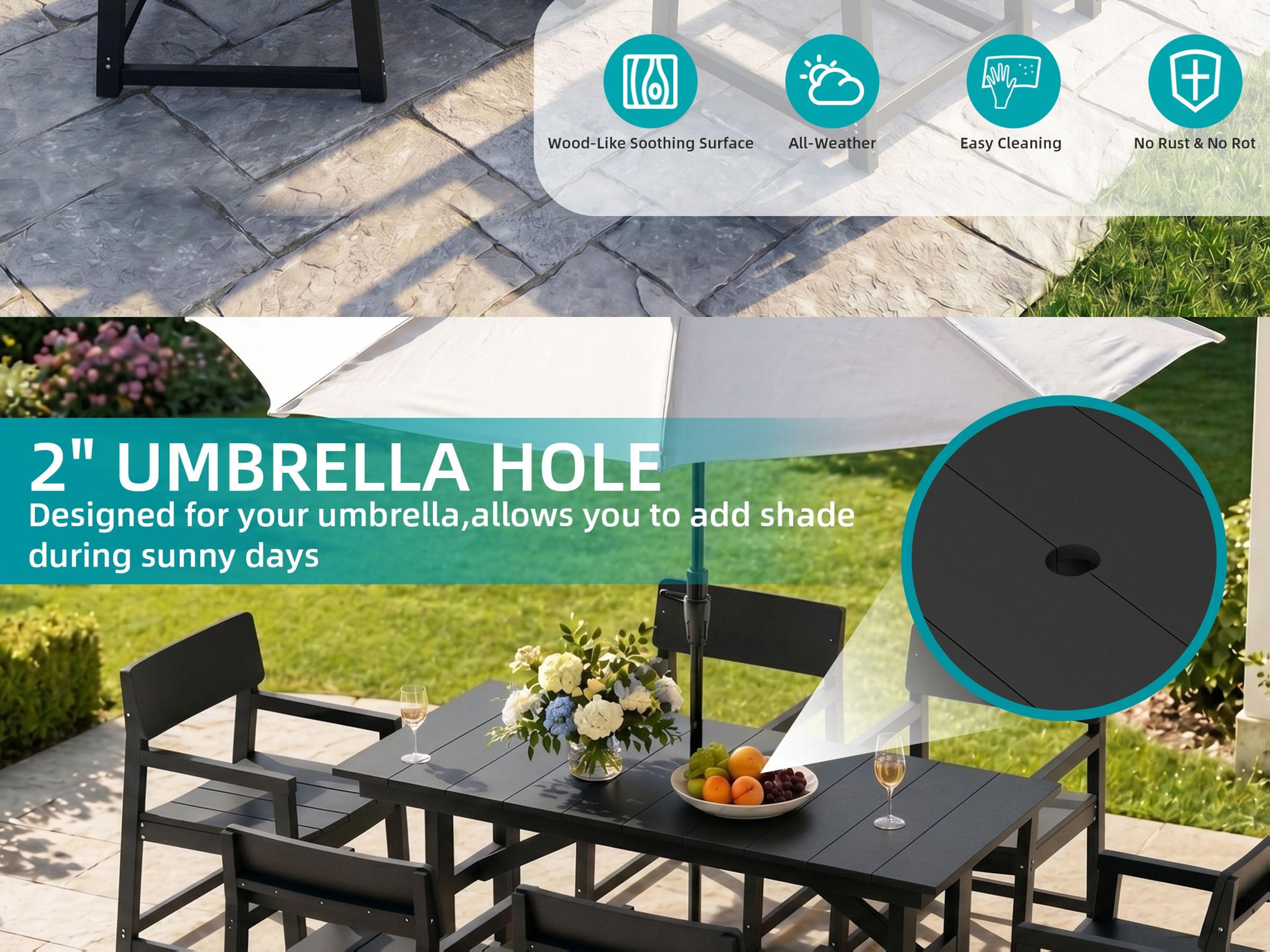 5- And 7pcs Patio Dining Set, Outdoor Table And Chairs, All Weather Furniture with Umbrella Hole for Backyard Garden Deck Lawn Pool