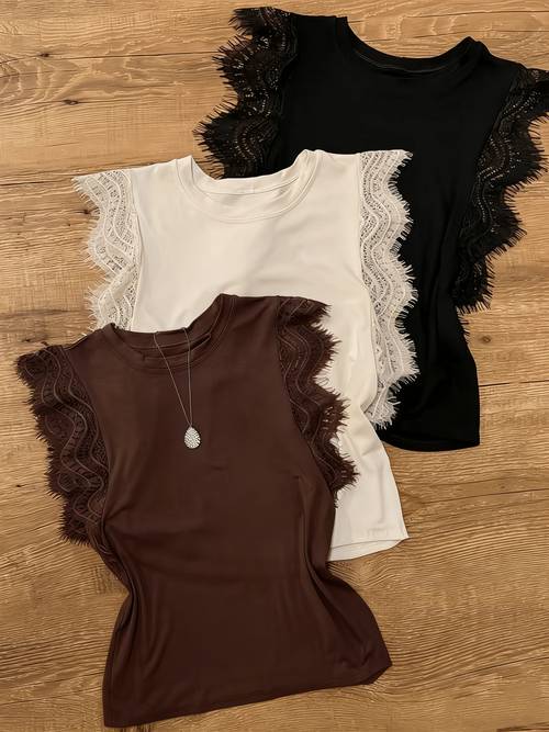 3pcs summer fashion camisole lace trim round neck easy solid color casual sleeveless leisure elegant womens clothing womens piece set asd1