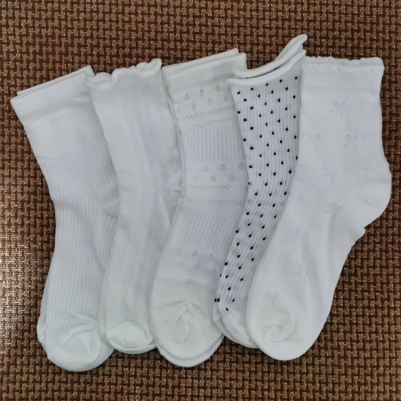 TEMU 5-pair Women's Spring Summer Mid-calf Socks - Vertical Stripes & Polka Dots Suitable For Outdoor, Casual,, - Girly Lace Trim Tunic Socks With