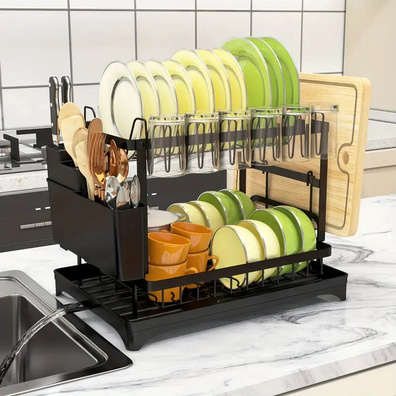 dish drying rack 2 tier dish racks for kitchen counter dish rack with mat dish drainer with knife fork cup rack gifts for women mothers day cool stuff kitchen gadgets Product details 4
