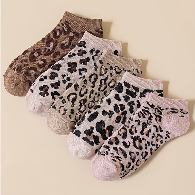 Image of 5 Pairs Of Leopard Print Women's Socks, Innovative Women's Printed Low Cut Socks, Spring And Summer, Breathable And Sweat Absorbing, Casual Ankle Socks, Valentine's Day Socks
